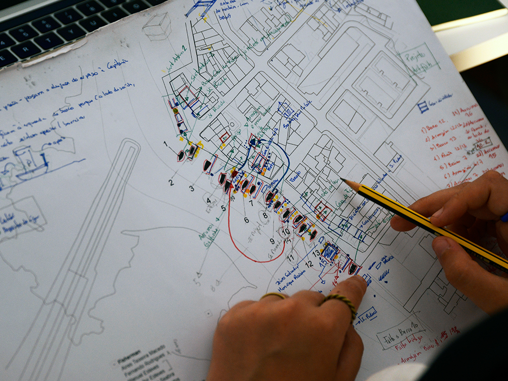The image shows a person analyzing an annotated map, covered with handwritten notes and colorful markings.
