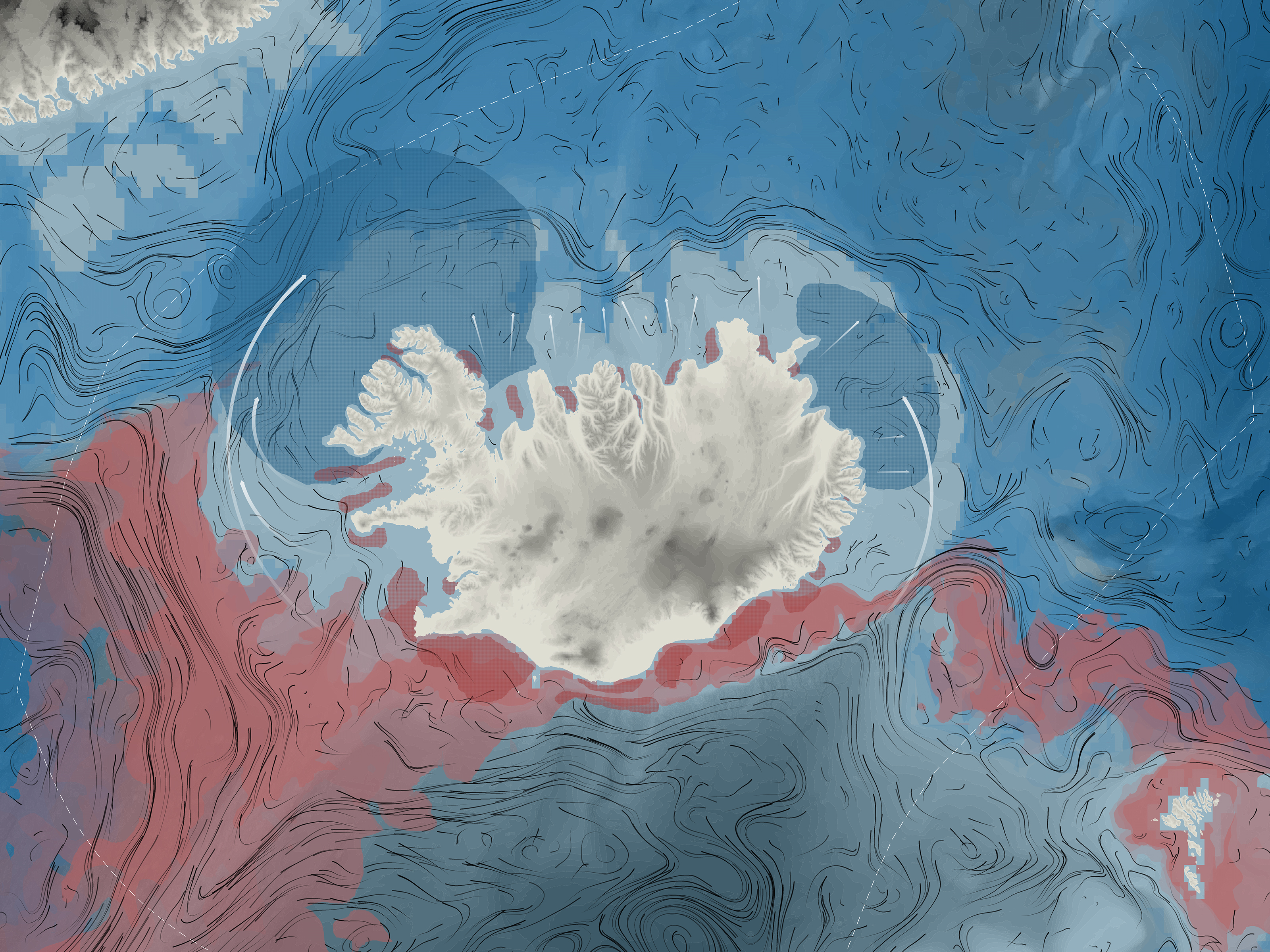 A topographic and oceanographic map of Iceland, highlighting land relief and surrounding ocean currents and temperatures.