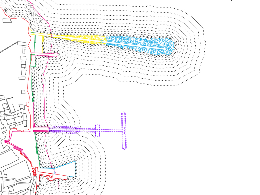 The image is an architectural site plan detailing the expansion of coastal infrastructure at Port Rosmeur, complete with contour lines, shoreline buildings, and harbor piers.