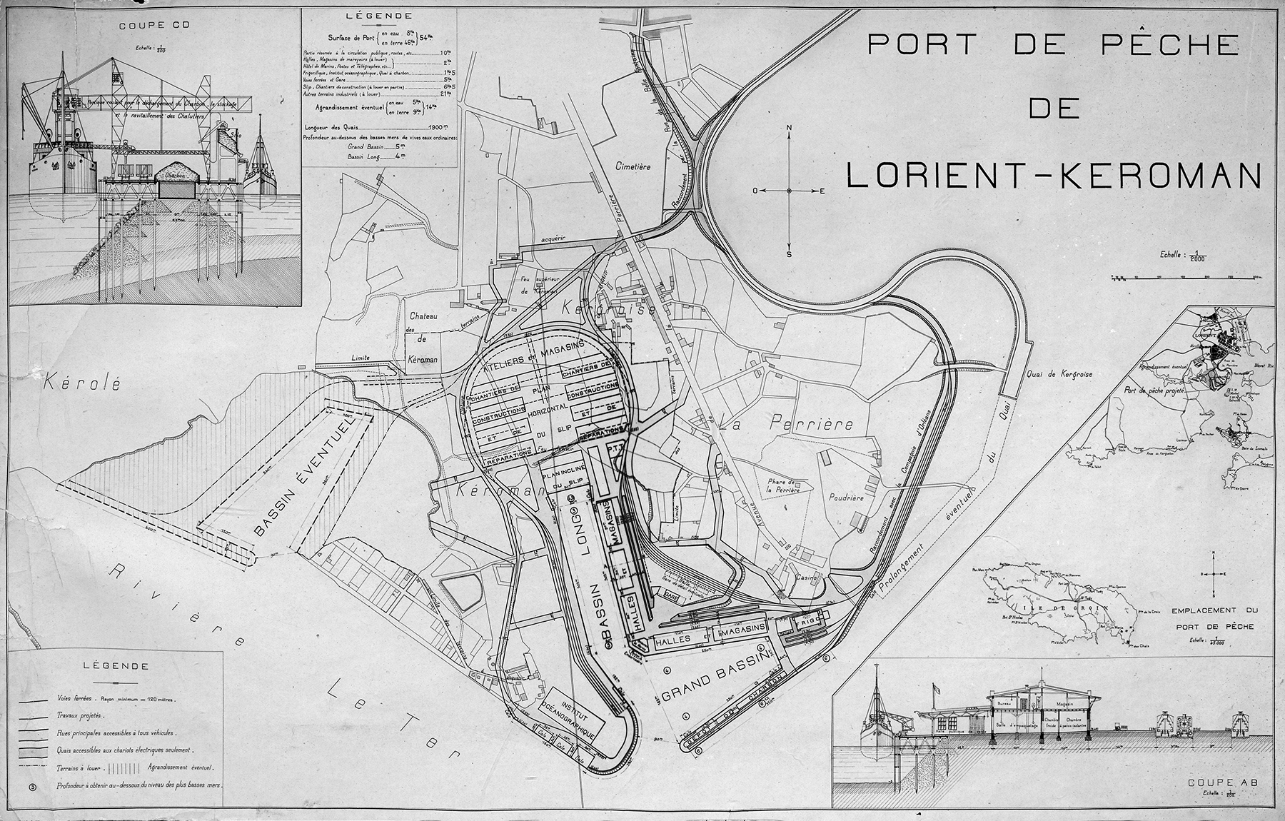 Panel showing a plan for the Port de Pêche de Lorient-Keroman, including two sections in the corners