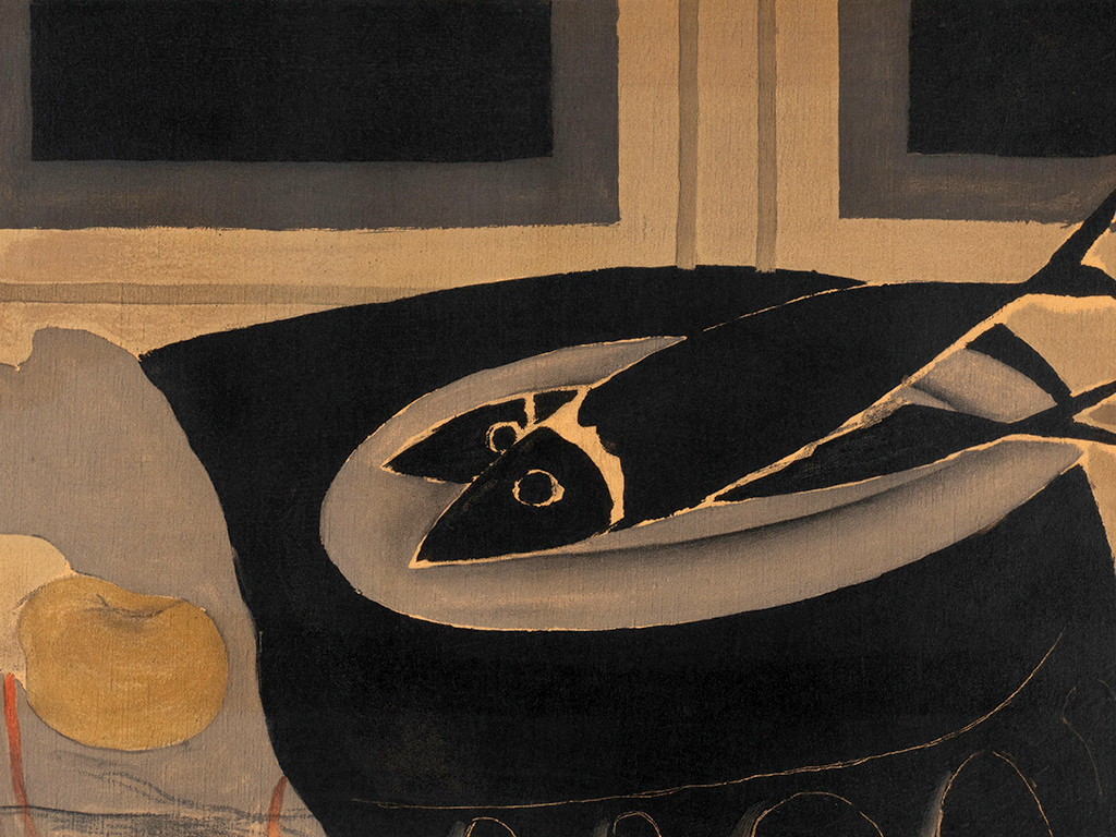 Two black fish in a plate over a table.  “Les Poissons noirs” by Georges Braque (1942).