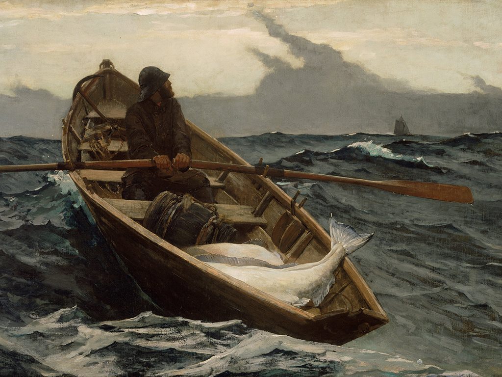 Lone fisherman manoeuvring through the rough sea with his catch.“The Fog Warning” by Winslow Homer (1885).