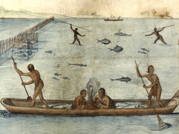 People fishing using canoe, spears, and fish fence traps. “The manner of their fishing” by John White (1585-1593).