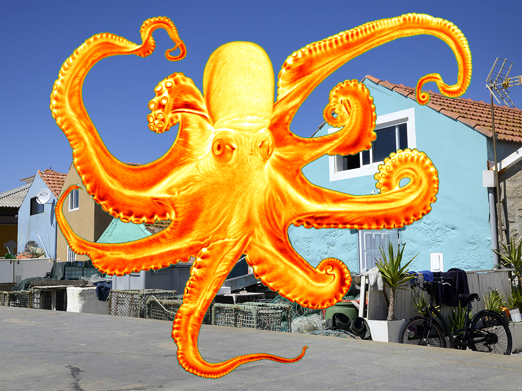 The image of a giant octopus overlaps a picture with small houses and fishing traps.