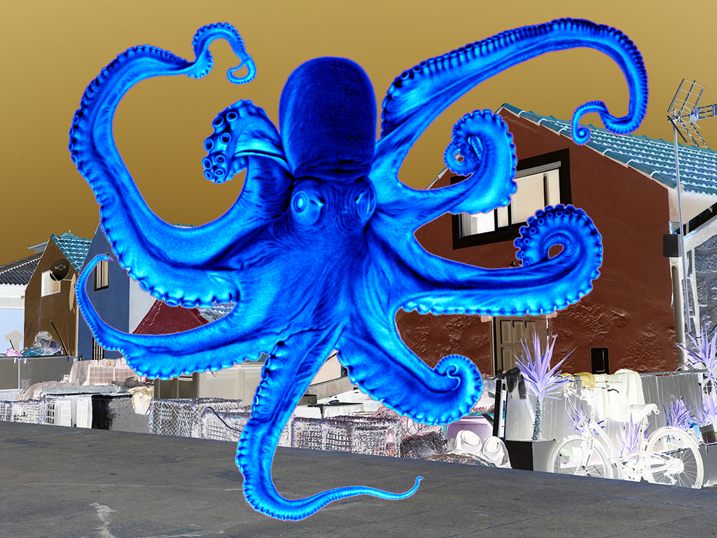 The image of a giant octopus overlaps a picture with small houses and fishing traps.