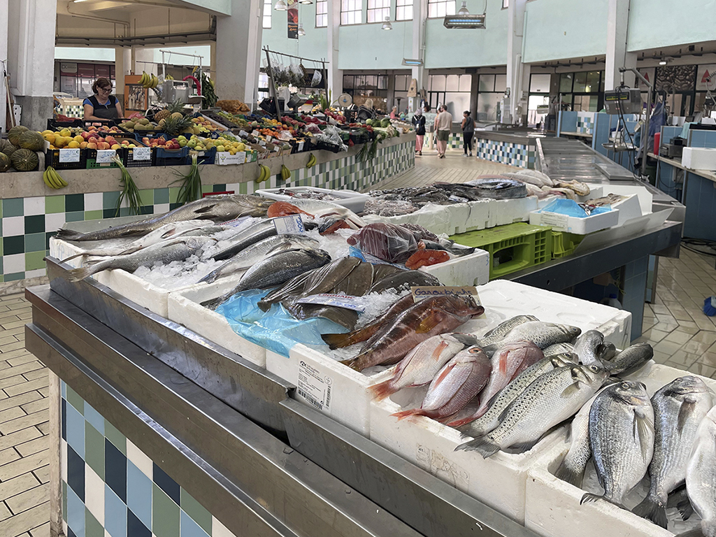 An indoor marketplace, featuring freshly caught fish laying at the stall.