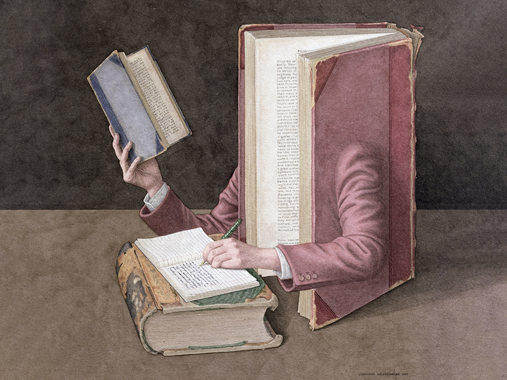 A surreal illustration shows a book with two arms, one writing in a notebook and the other holding another book.